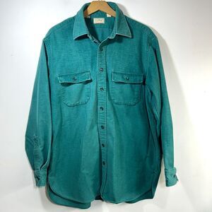 VTG LL Bean Mens 17 x 35 Tall Flannel Chamois Cloth Shirt USA Green Distressed